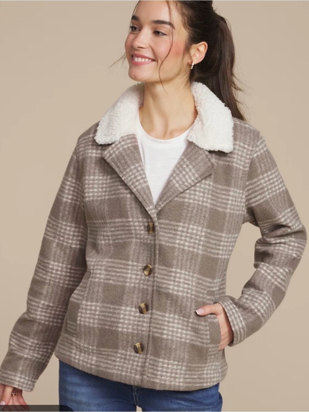 Maurices, medium,Womens Taupe Plaid Sherpa Collar Jacket with collar
